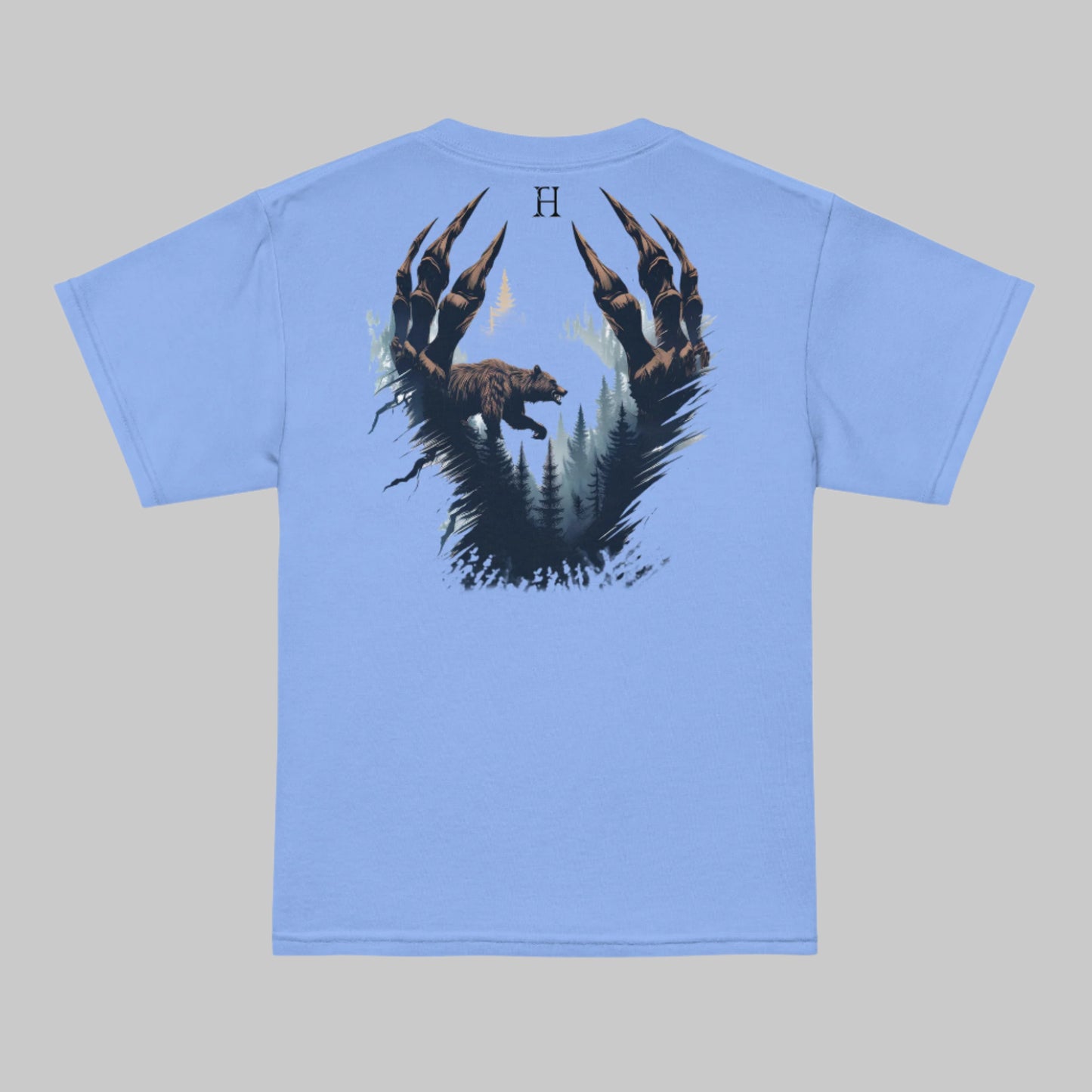 Back of Clawed Through Wild T-shirt in Carolina Blue with Bear Claw Forest Design.