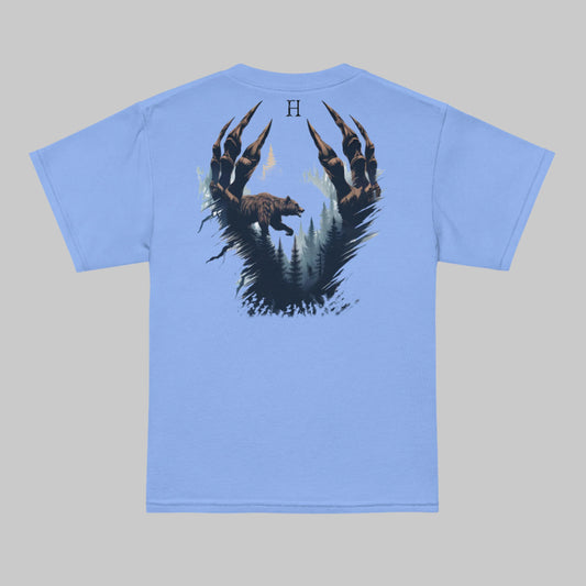 Back of Clawed Through Wild T-shirt in Carolina Blue with Bear Claw Forest Design.