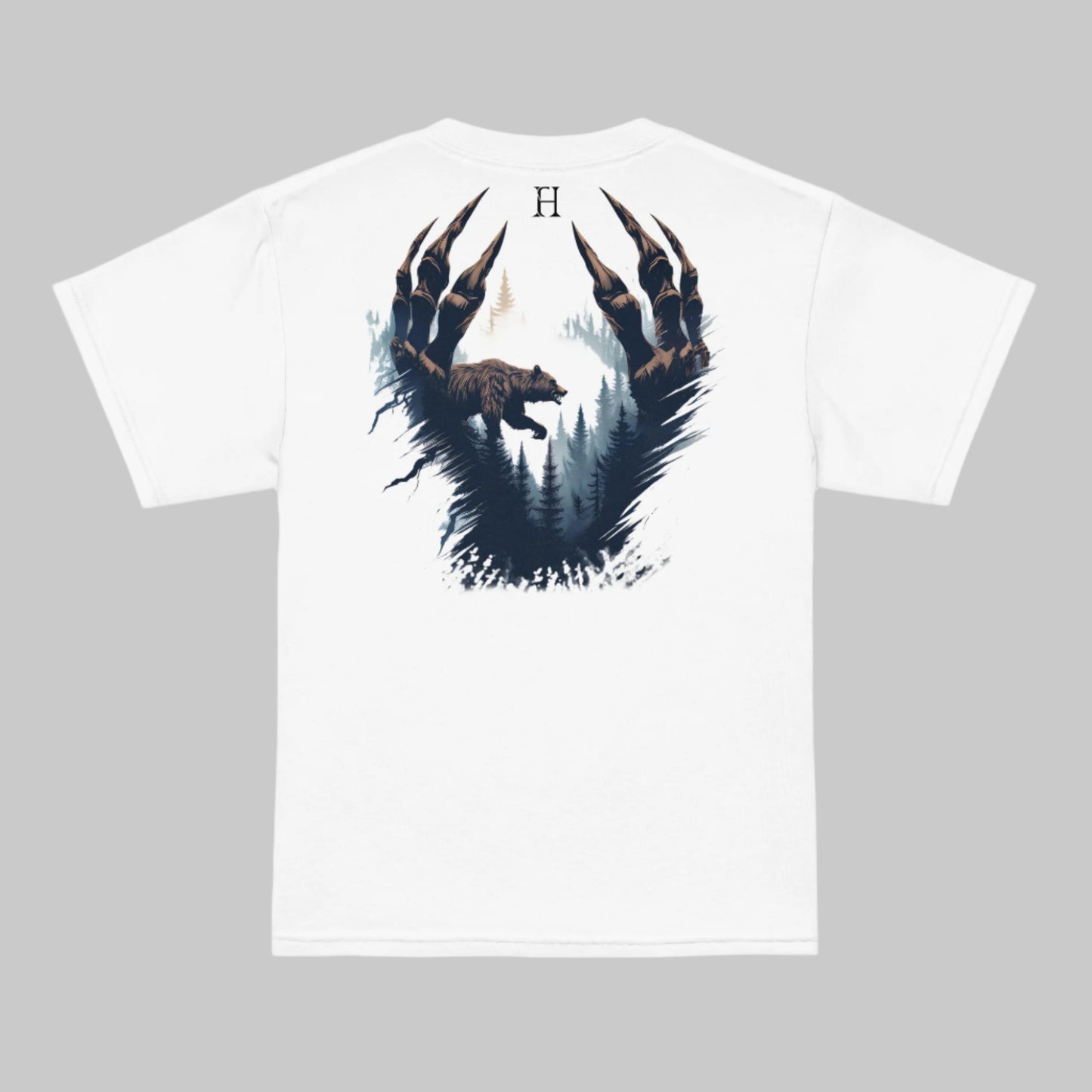 Back of Clawed Through Wild T-shirt in White with Bear Claw Forest Design.