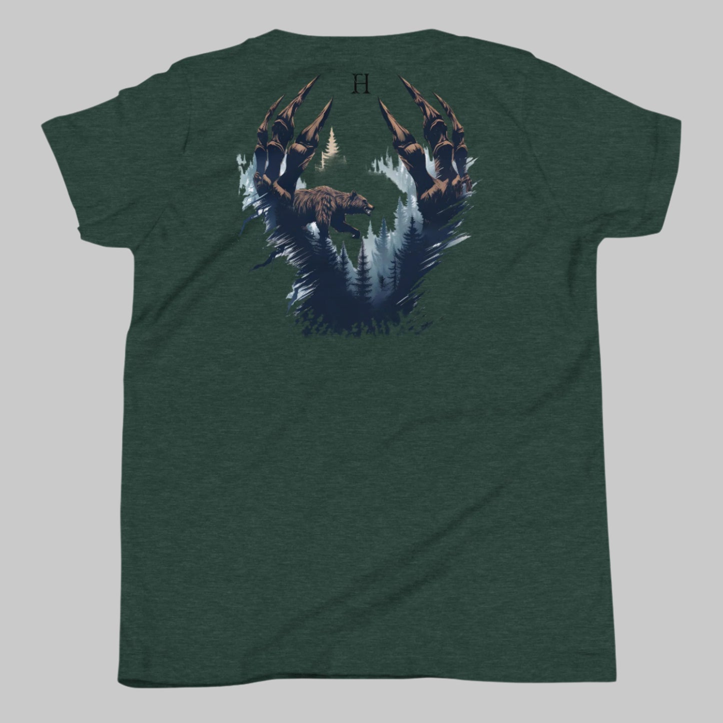 Back of Clawed Through Wild T-shirt in Forest with Bear Claw Forest Design.