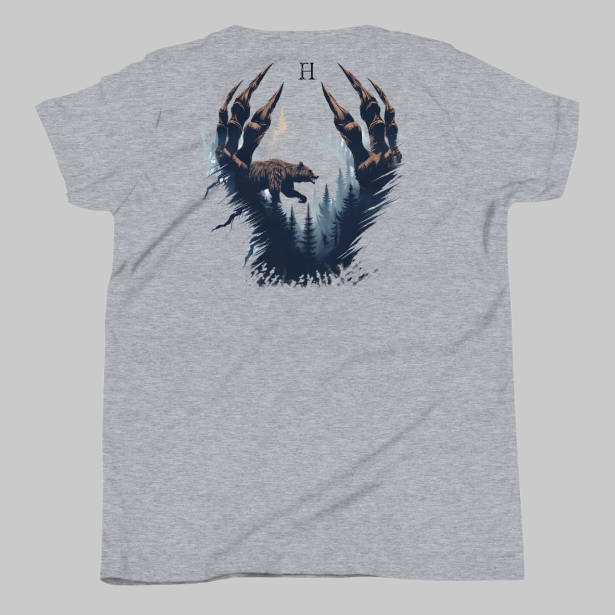 Back of Clawed Through Wild T-shirt in Grey with Bear Claw Forest Design.