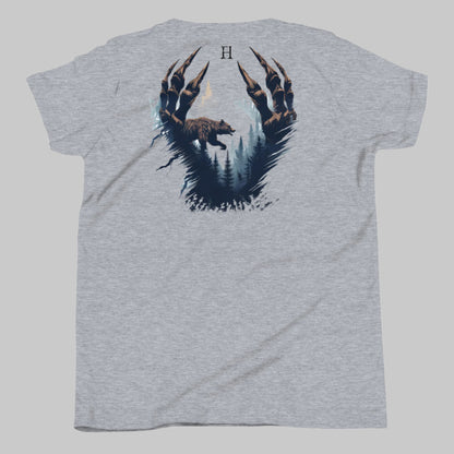 Back of Clawed Through Wild T-shirt in Grey with Bear Claw Forest Design.