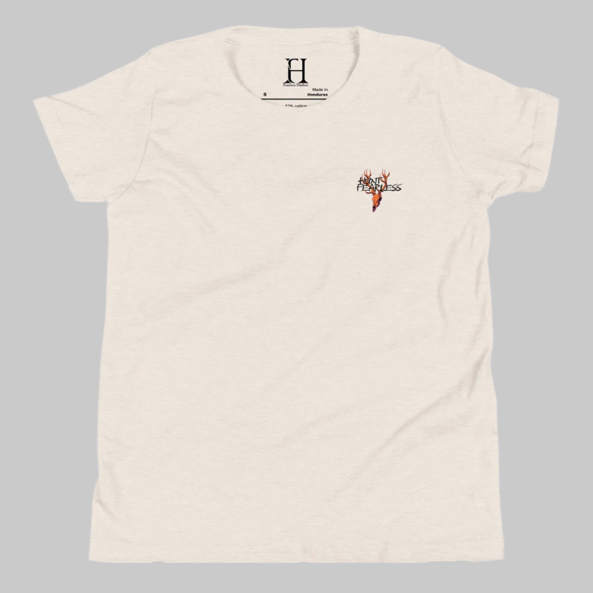 Front of Clawed Through Wildlife T-Shirt in Dust with deer logo and the words Hunt Fearless.