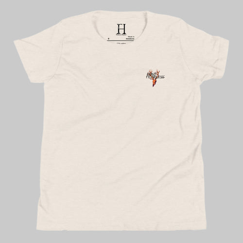 Front of Clawed Through Wildlife T-Shirt in Dust with deer logo and the words Hunt Fearless.