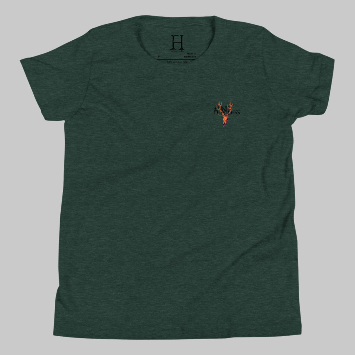 Front of Clawed Through Wildlife T-Shirt in Forest with deer logo and the words Hunt Fearless.