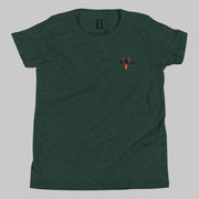 Front of Clawed Through Wildlife T-Shirt in Forest with deer logo and the words Hunt Fearless.