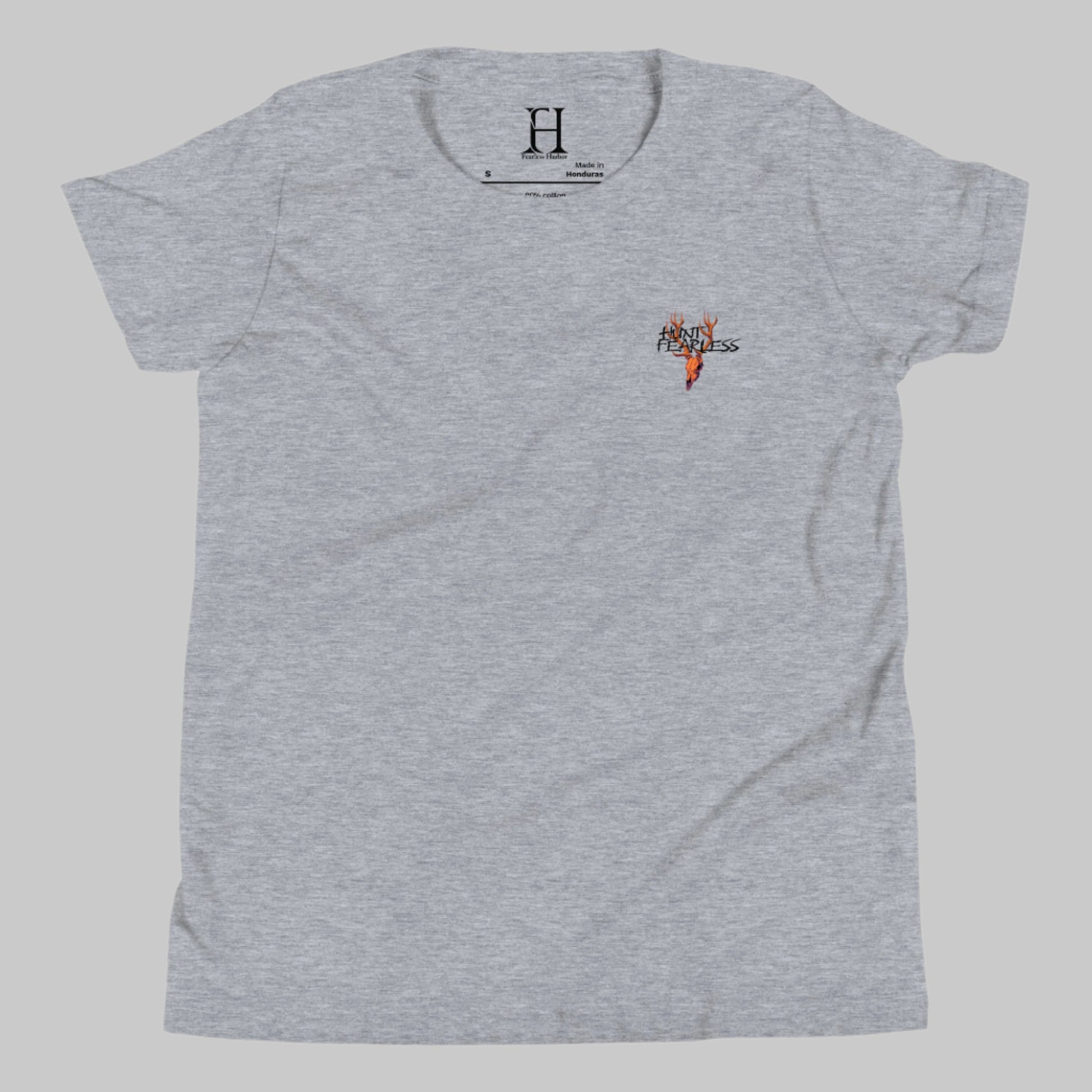 Front of Clawed Through Wildlife T-Shirt in Grey with deer logo and the words Hunt Fearless.