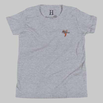 Front of Clawed Through Wildlife T-Shirt in Grey with deer logo and the words Hunt Fearless.