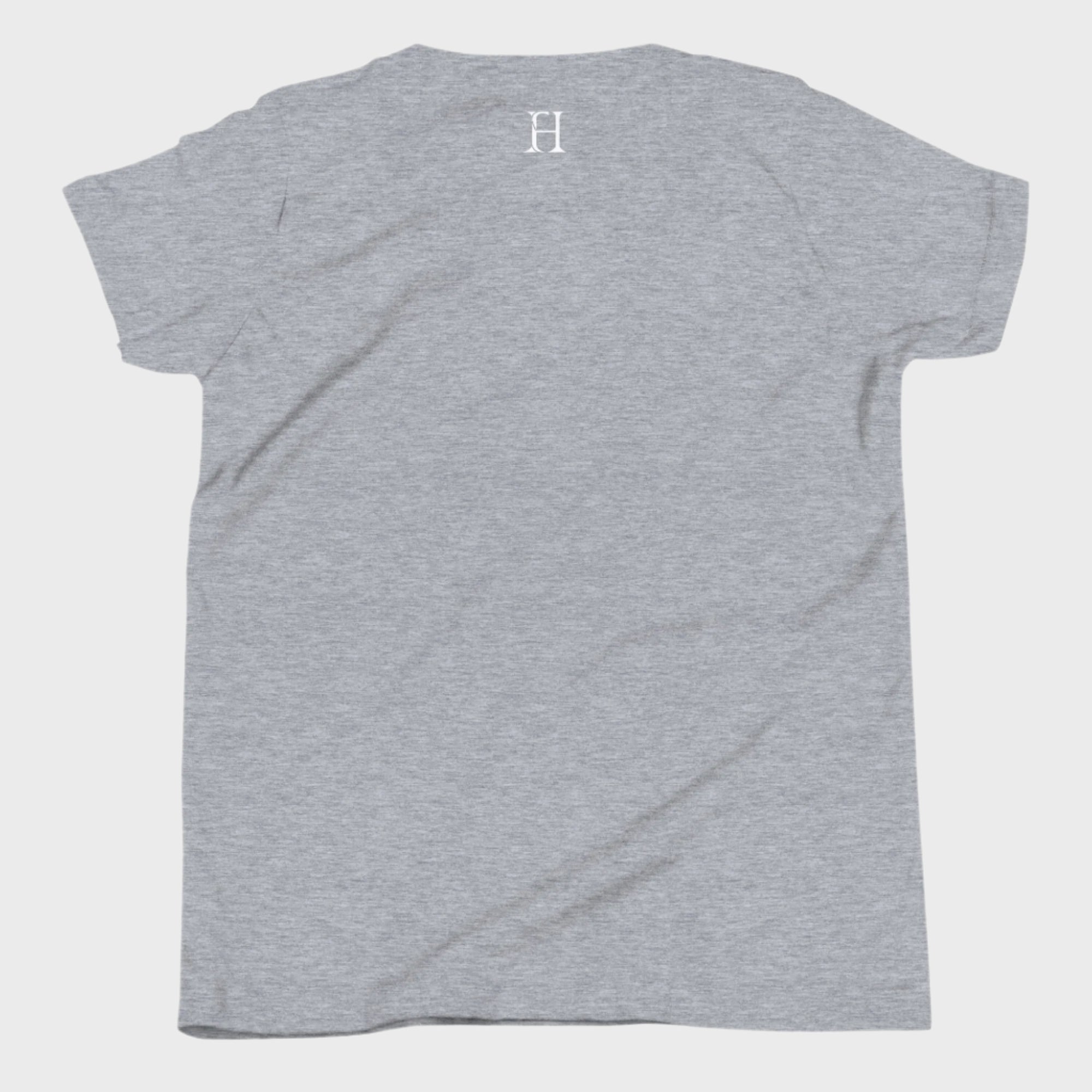 Back of Boys Embrace the Broken T-Shirt in Athletic Grey, blank with Fearless Harbor logo at top center near collar.