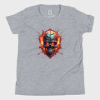 Front of Boys Embrace the Broken T-Shirt in Athletic Grey with a cracked skull engulfed in flames design.