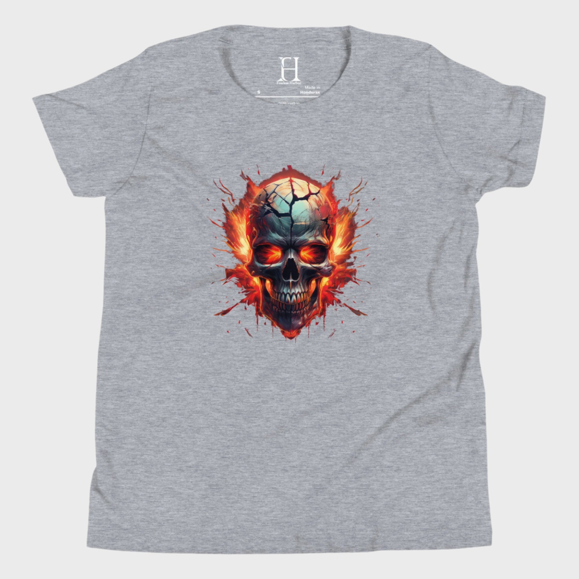 Front of Boys Embrace the Broken T-Shirt in Athletic Grey with a cracked skull engulfed in flames design.