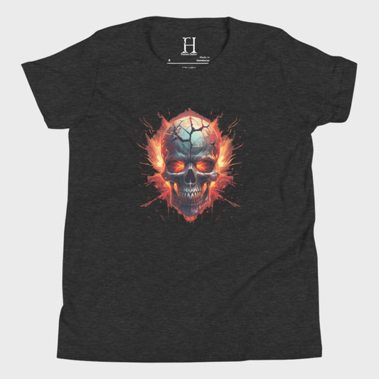 Front of Boys Embrace the Broken T-Shirt in Dark Grey with a cracked skull engulfed in flames design.