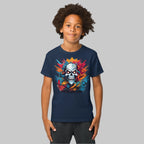 Front of  Boy wearing T-shirt in Navy with Grinning Skull in multiple colors design.
