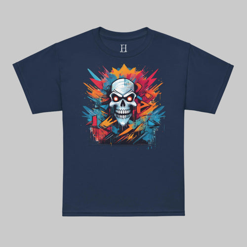 Front of T-shirt in Navy with Grinning Skull in multiple colors design.