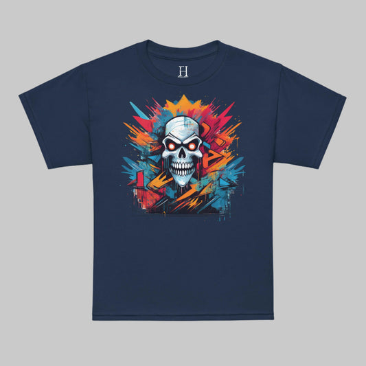 Front of T-shirt in Navy with Grinning Skull in multiple colors design.