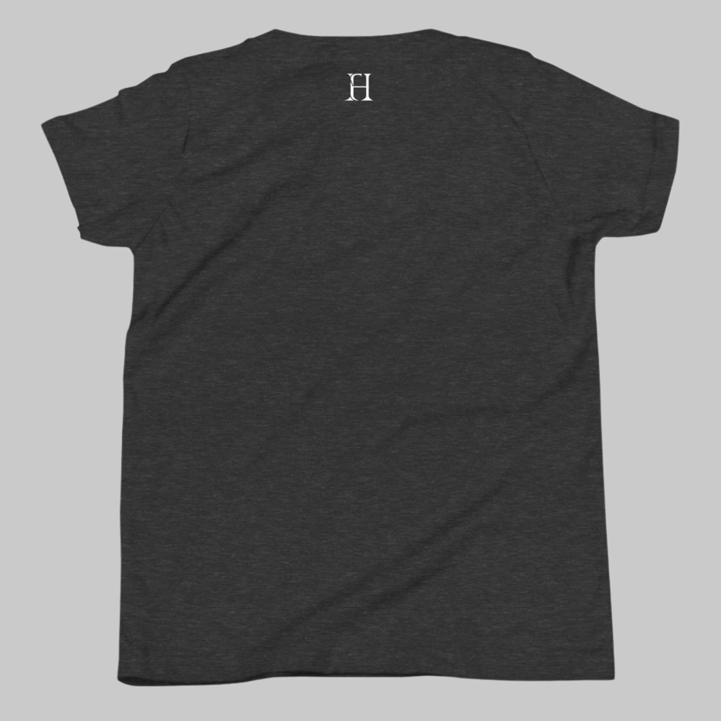 Back of Rise, Renew, Repeat T-Shirt in Dark Grey, blank with FH logo at top center near collar in white.