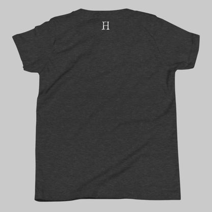 Back of Rise, Renew, Repeat T-Shirt in Dark Grey, blank with FH logo at top center near collar in white.