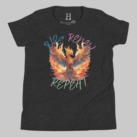 Front of T-Shirt in Dark Grey with a Phoenix engulfed in flames design, and the text Rise, Renew, Repeat.