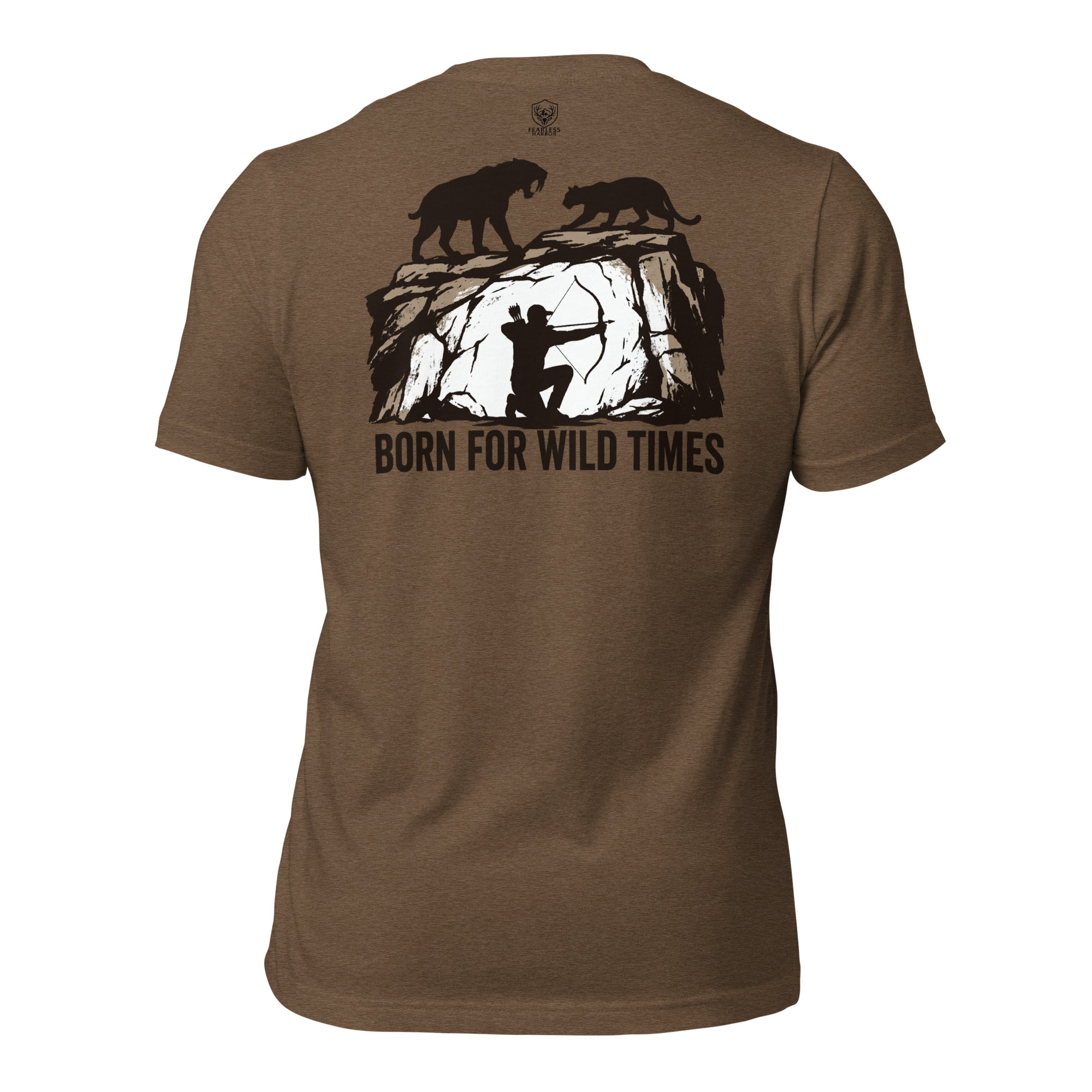 Mens brown heather primitive hunting shirt showing Born for Wild Times prehistoric hunter graphic