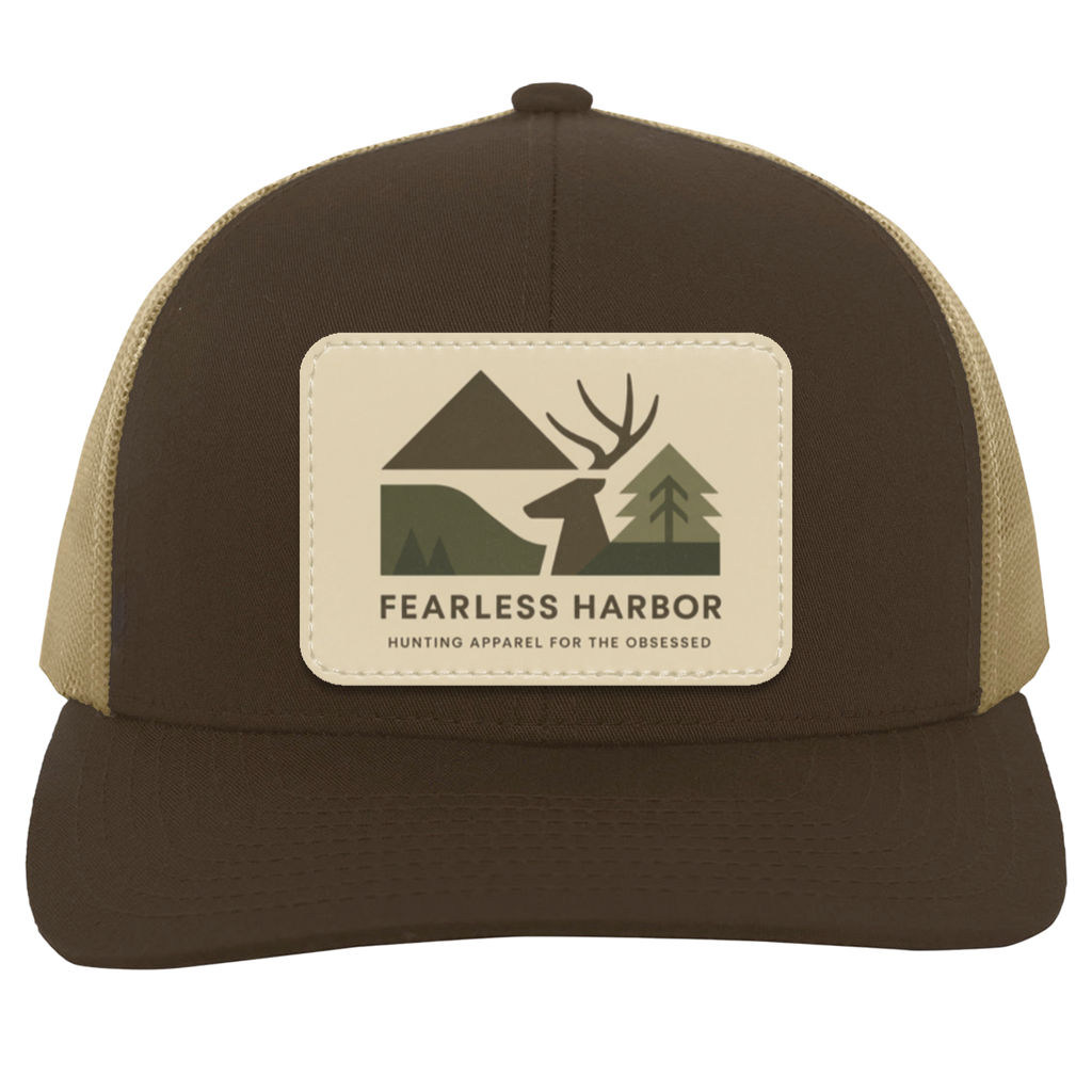 Brown Khaki trucker hat with Fearless Harbor buck patch centered on front panel.