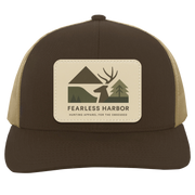 Brown Khaki trucker hat with Fearless Harbor buck patch centered on front panel.