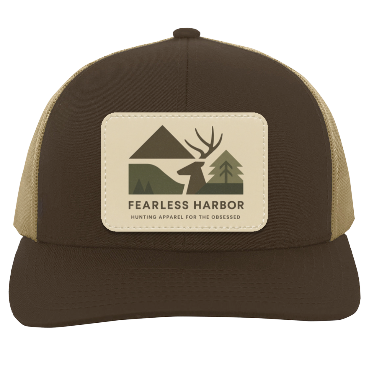 Brown Khaki trucker hat with Fearless Harbor buck patch centered on front panel.
