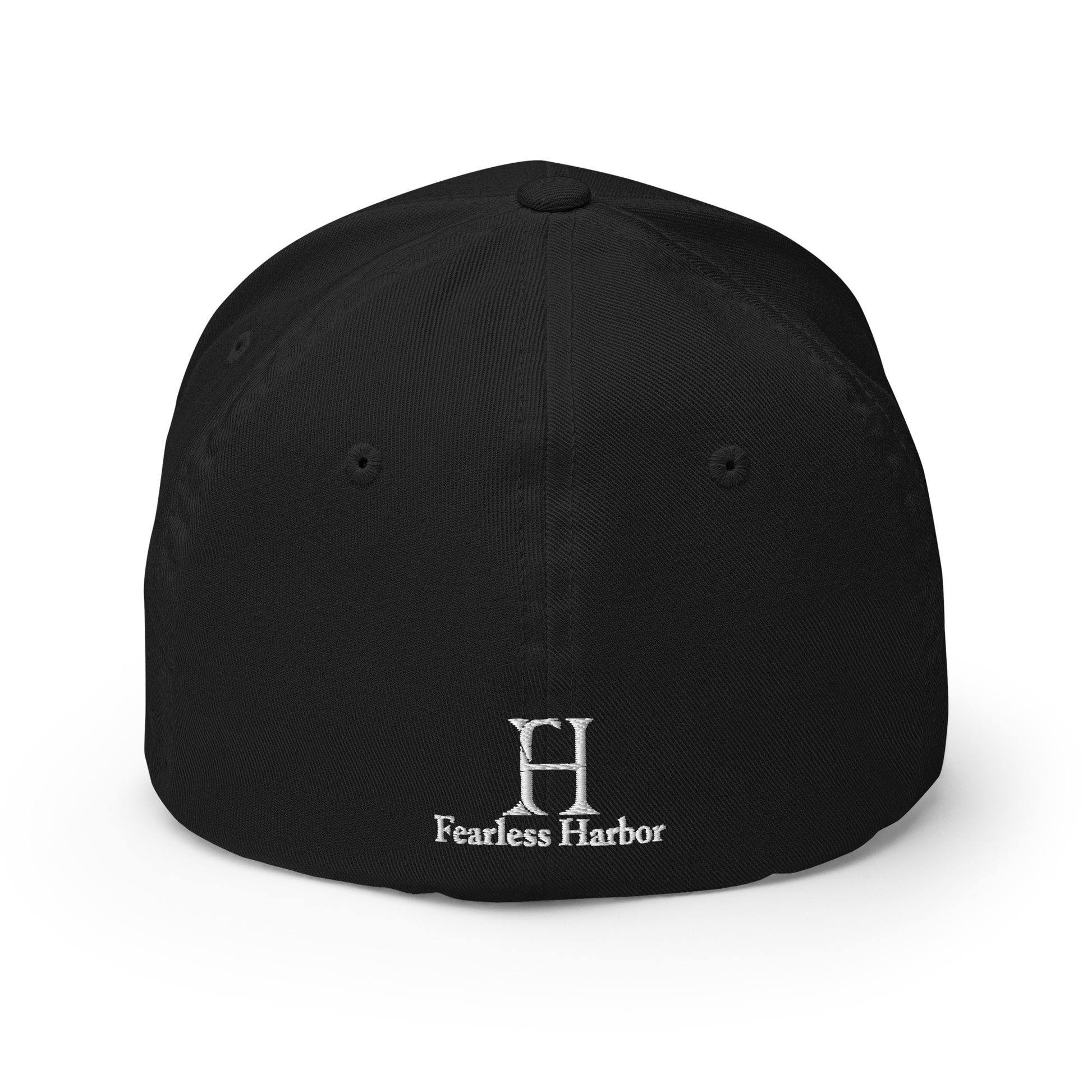 Back of Buck FlexFit Hat in Black, with white embroidery of FH logo.