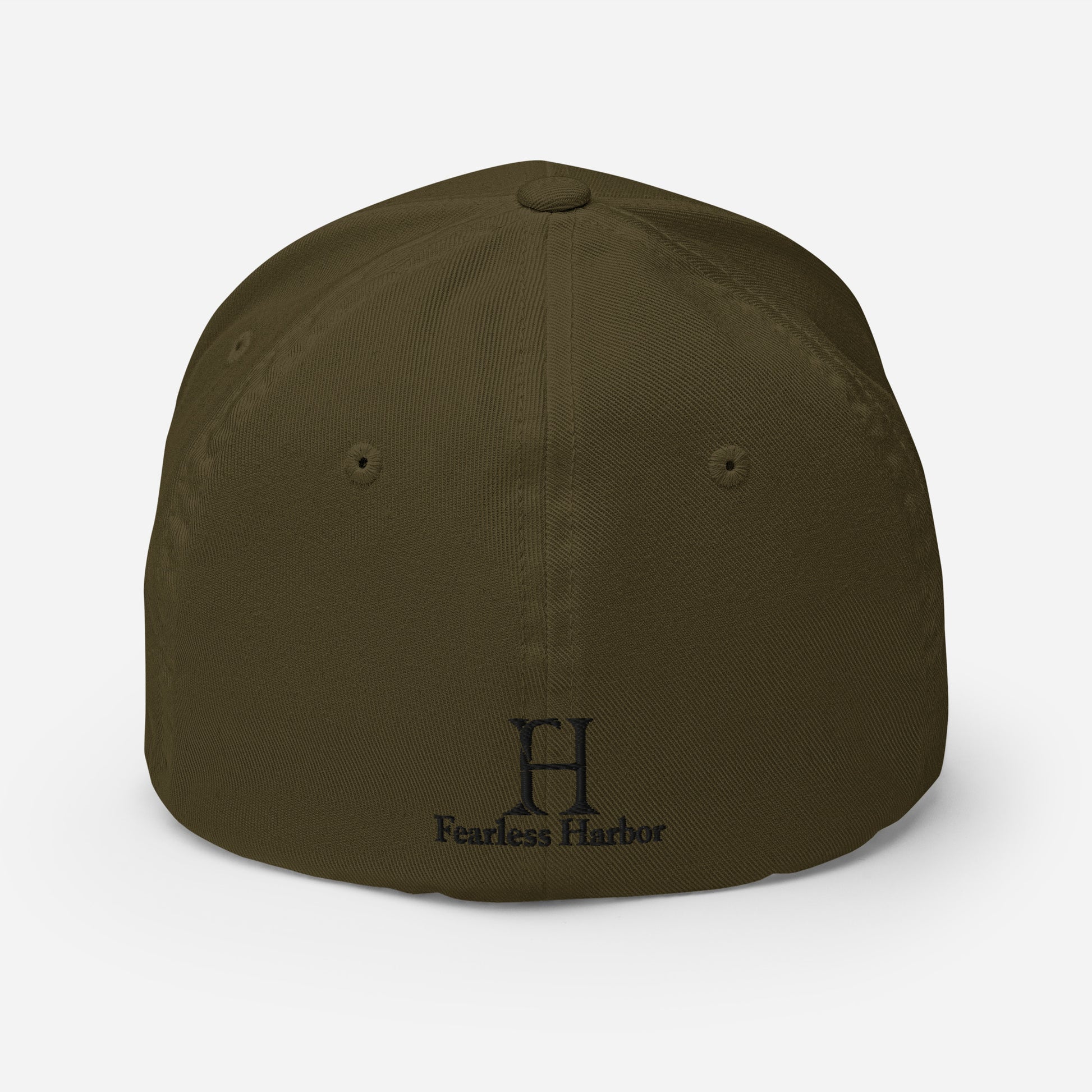 Back of Buck FlexFit Hat in Olive, with black embroidery of FH logo.