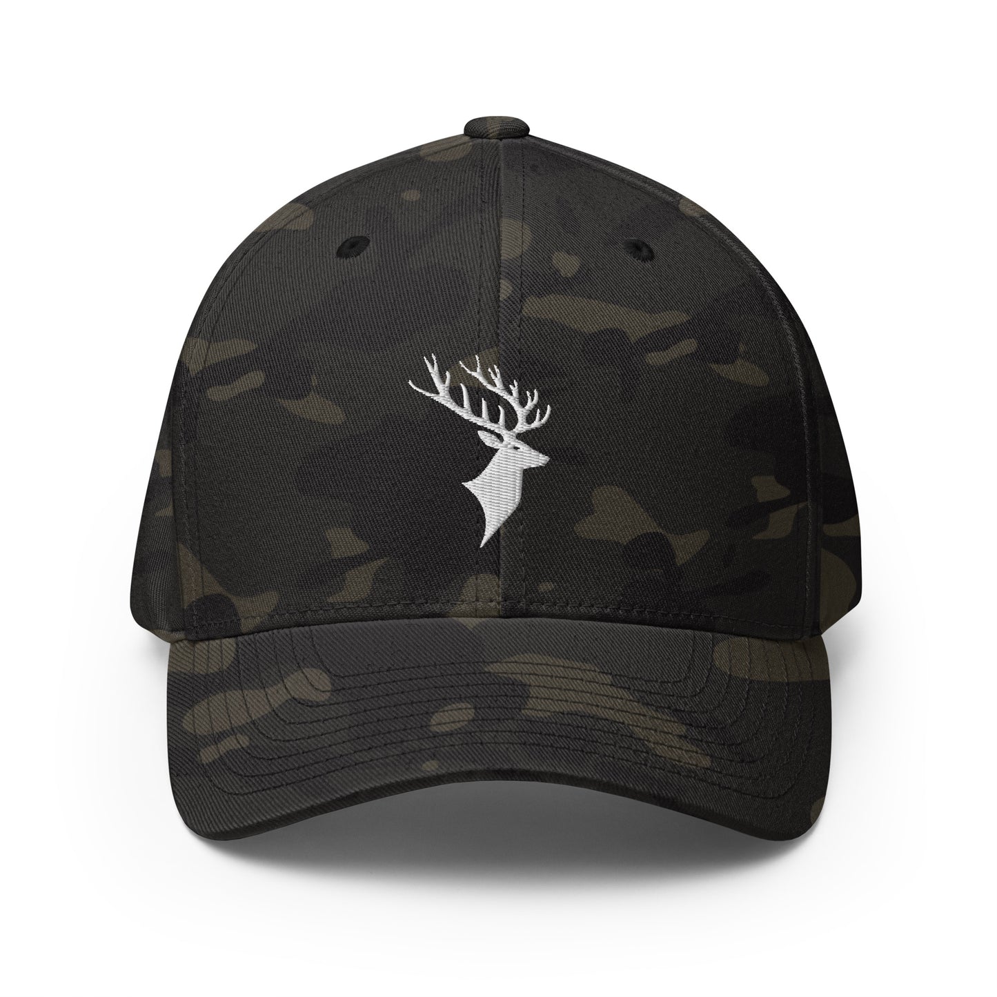 Front of Buck FlexFit Hat in Multicam Black, with white deer head embroidery on front.