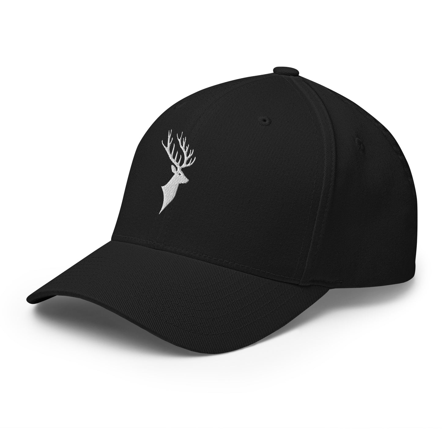 Left Front of Buck FlexFit Hat in black, with white deer head embroidery on front.