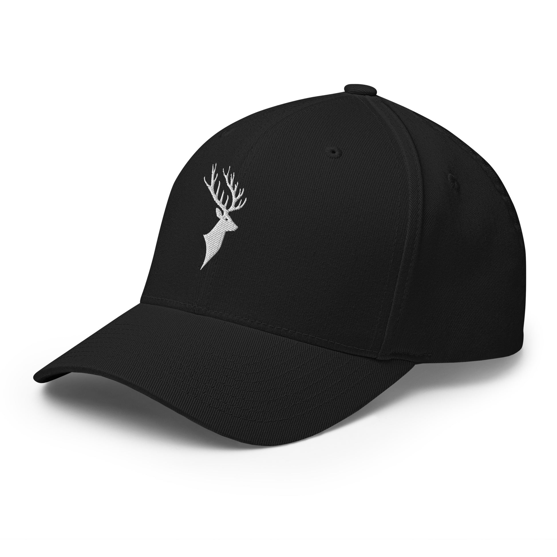 Left Front of Buck FlexFit Hat in black, with white deer head embroidery on front.