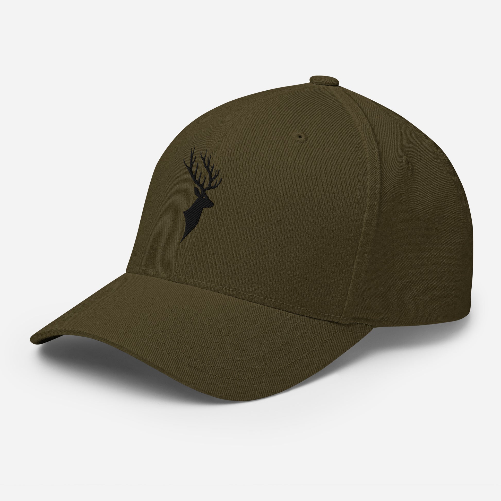 Left Front of Buck FlexFit Hat in Olive, with black deer head embroidery on front.