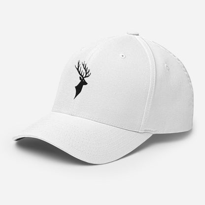 Left Front of Buck FlexFit Hat in White, with black deer head embroidery on front.