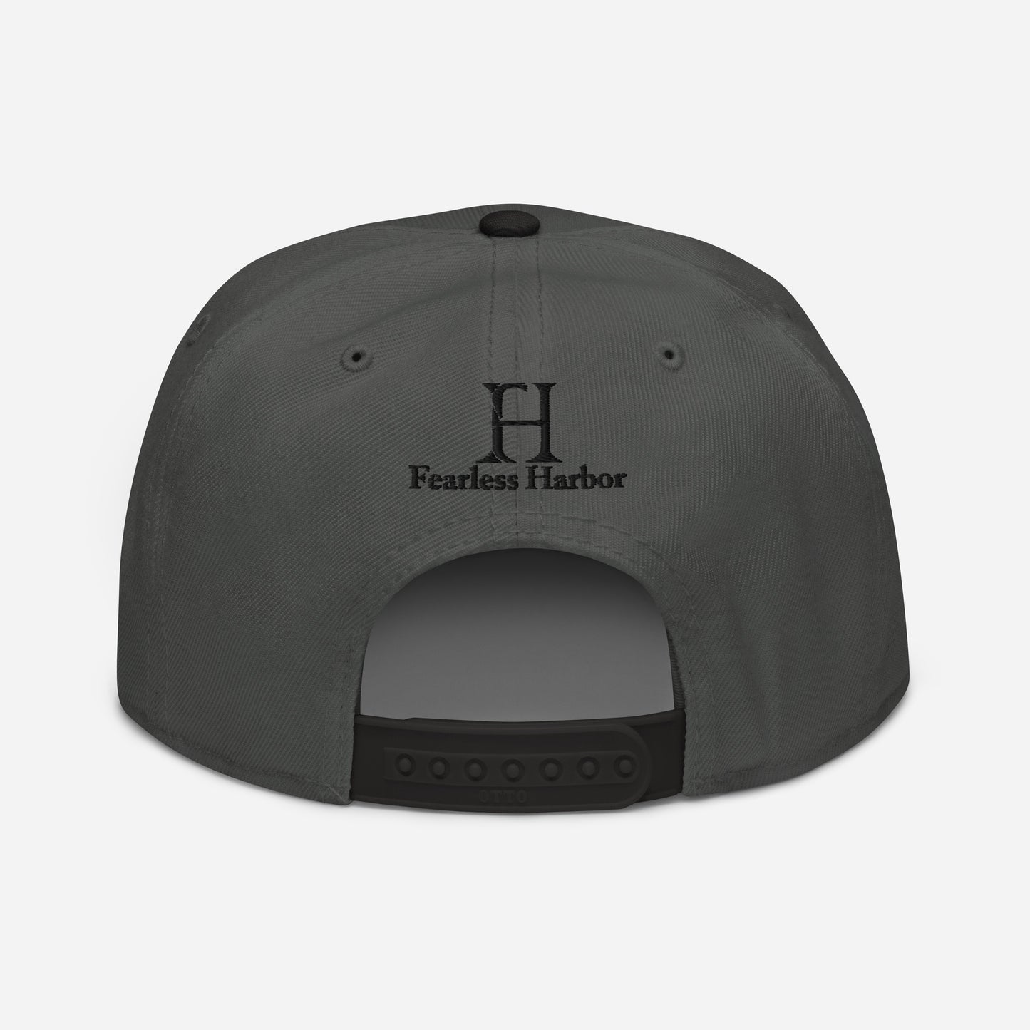 Back of Buck Snapback Hat in Charcoal Grey, with black snap enclosure and embroidered FH logo.