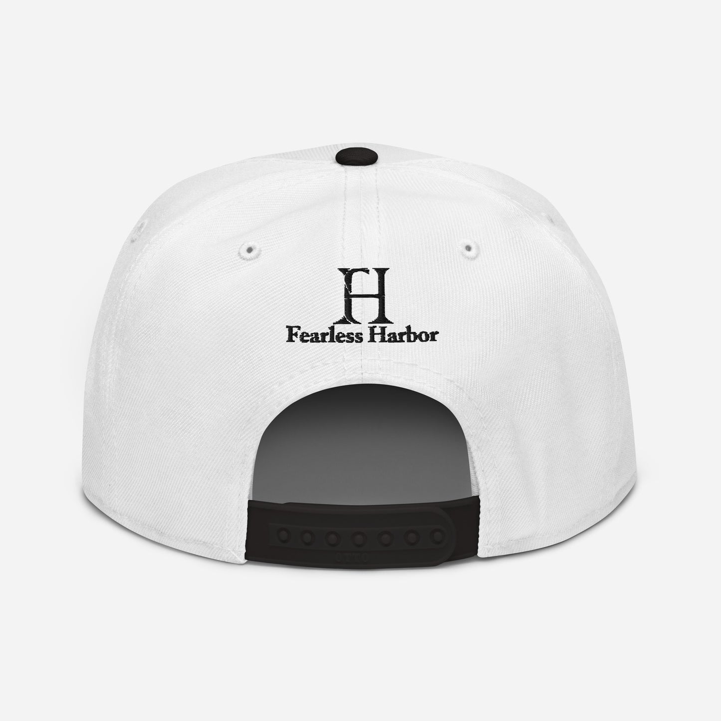 Back of Buck Snapback Hat in white, with black snap enclosure and embroidered FH logo.