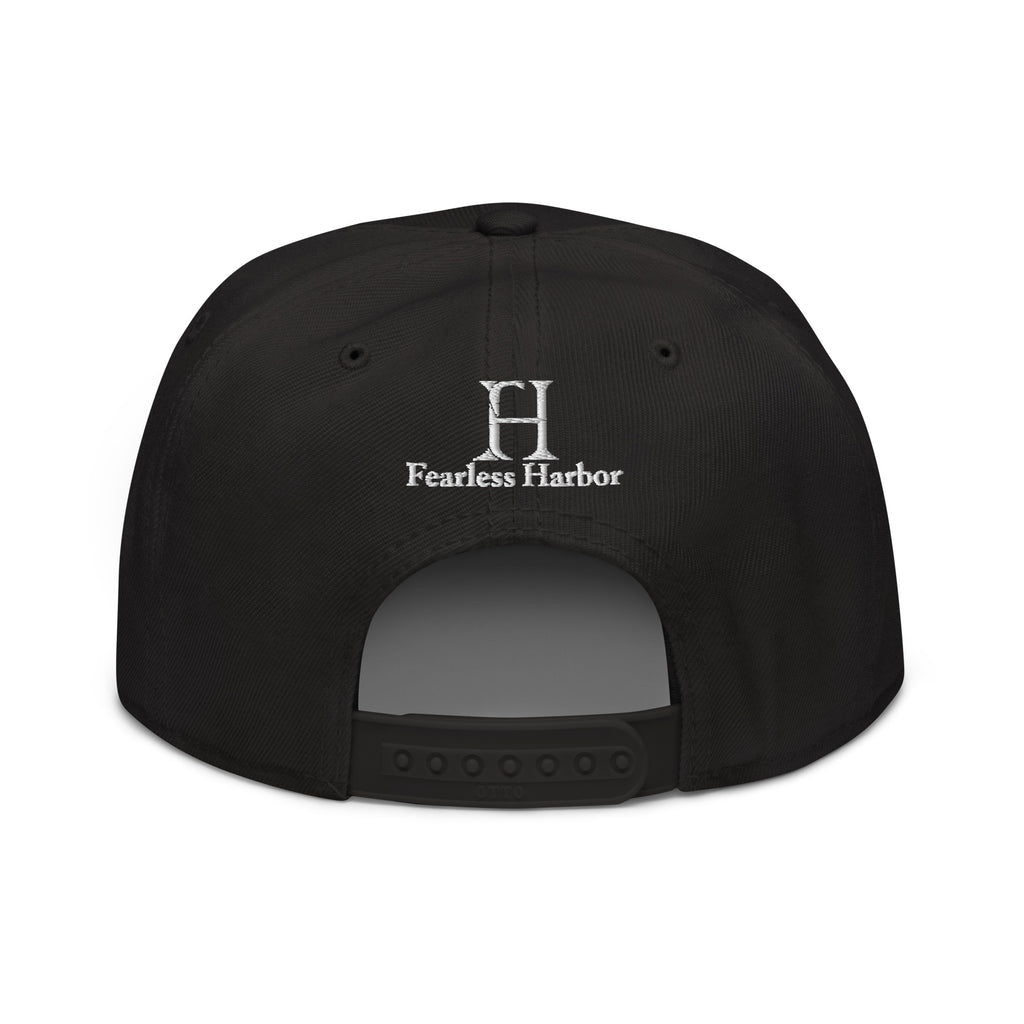 Back of Buck Snapback Hat in black, with white embroidered FH logo.