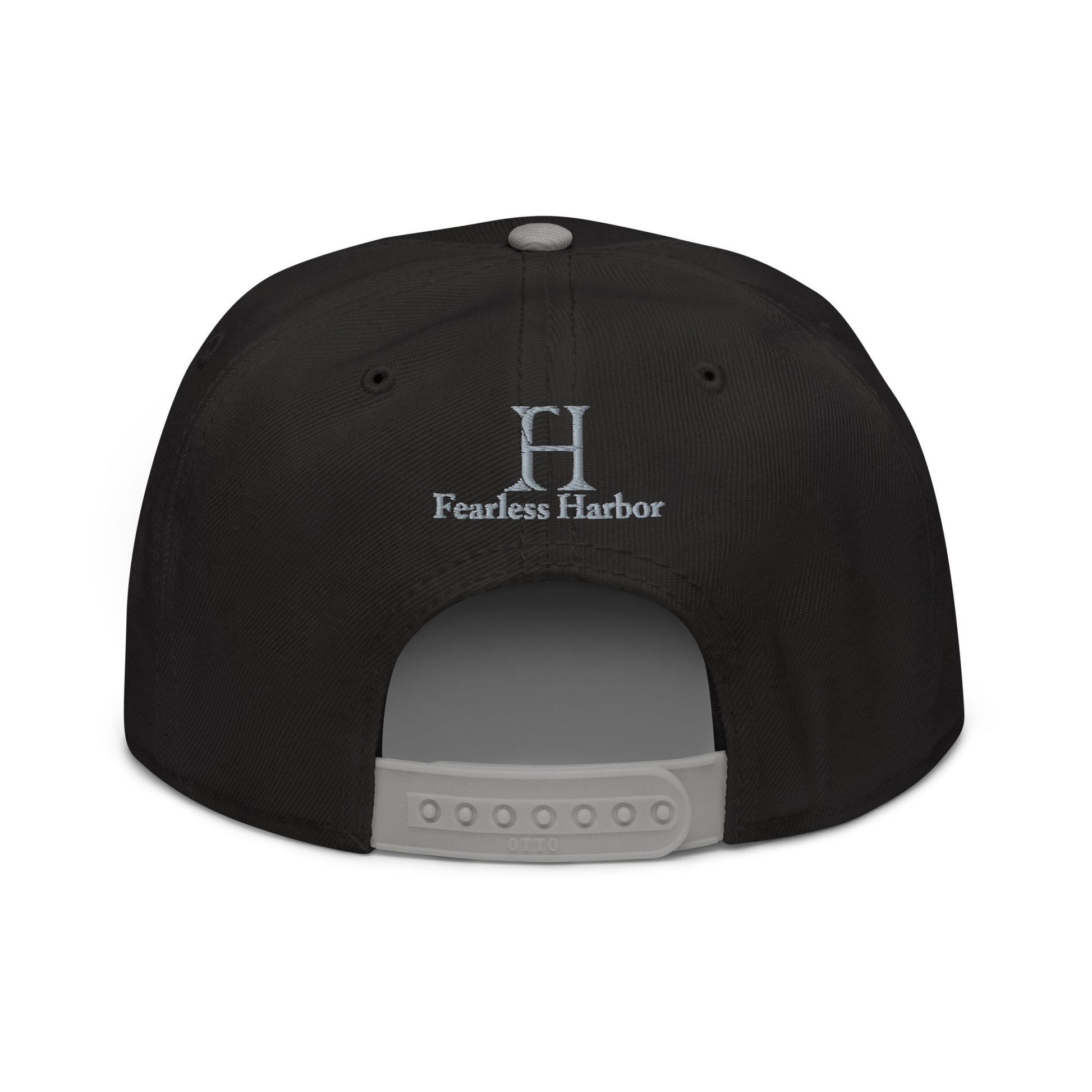 Back of Buck Snapback Hat in black, with grey snap enclosure and embroidered FH logo.