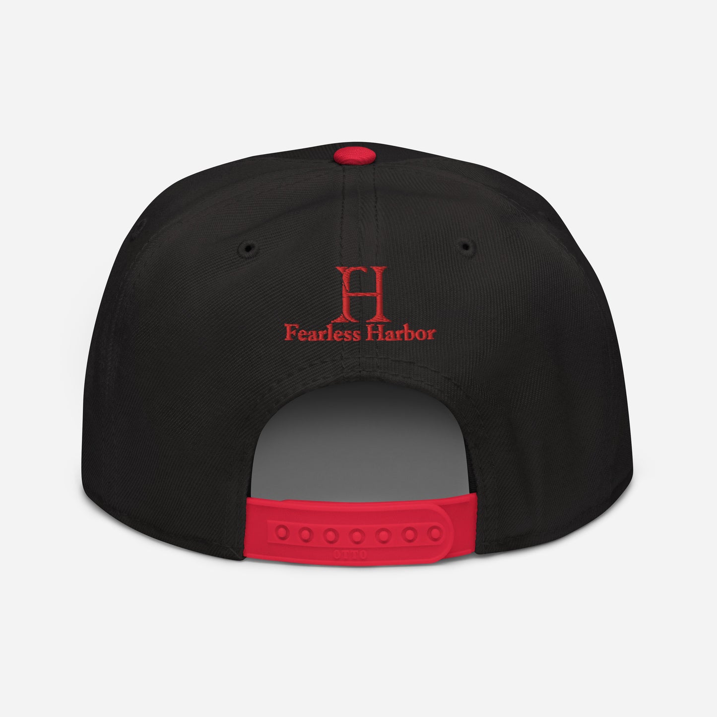 Back of Buck Snapback Hat in Black, with red snap enclosure and embroidered FH logo.