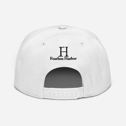 Back of Buck Snapback Hat in White, with black embroidered FH logo.