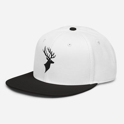 Left Front of Buck Snapback Hat in white with black visor, and black Deer head embroidery on front.