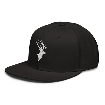 Left Front of Buck Snapback Hat in black, with white Deer head embroidery on front.