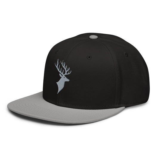 Left Front of Buck Snapback Hat in black with grey visor, and grey Deer head embroidery on front.