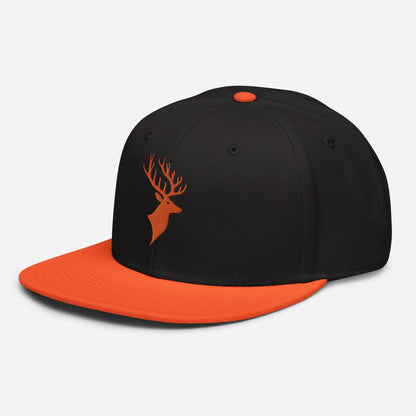 Left Front of Buck Snapback Hat in Black with orange visor, and orange Deer head embroidery on front.