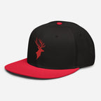 Left Front of Buck Snapback Hat in Black with red visor, and red Deer head embroidery on front.