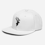 Left Front of Buck Snapback Hat in White, with black Deer head embroidery on front.