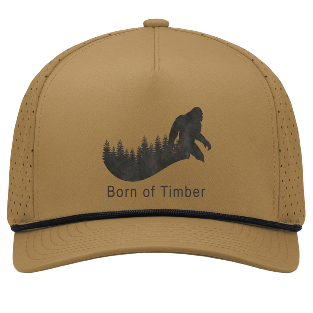 Front view of buck and black bigfoot hunting snapback hat with sasquatch timberline graphic and Born of Timber lettering.