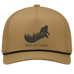 Front view of buck and black bigfoot hunting snapback hat with sasquatch timberline graphic and Born of Timber lettering.