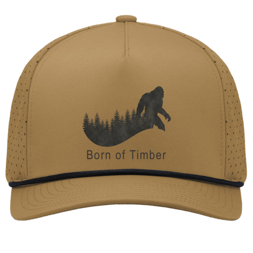 Front view of buck and black bigfoot hunting snapback hat with sasquatch timberline graphic and Born of Timber lettering.