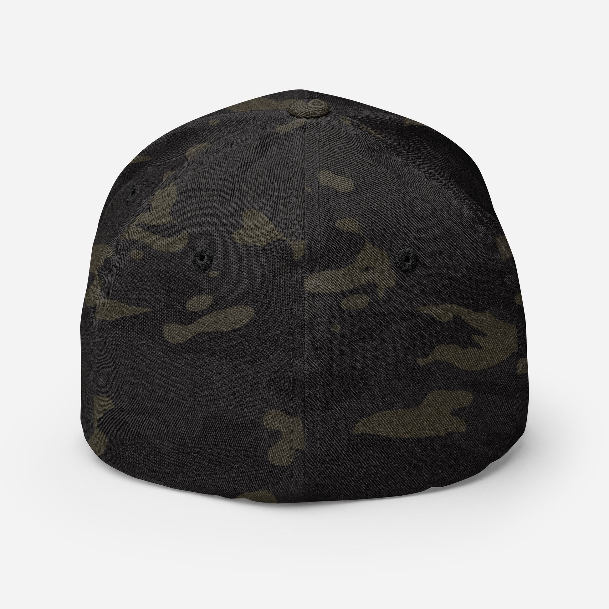 Back of Fearless Harbor FlexFit Hat in Multicam Black, blank with no graphics or text.