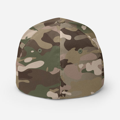 Back of Fearless Harbor FlexFit Hat in Multicam Green, blank with no graphics or text.